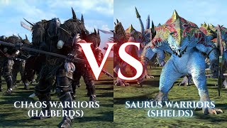 WARHAMMER III Total War  Chaos Warriors Halberds VS Saurus Warriors Shields [upl. by Eelyrag]