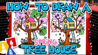 How To Draw A Spring Tree House for Kids and Beginners [upl. by Waddell]