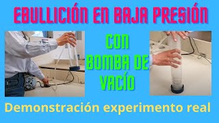 Ebullición de agua tibia en baja presicón con bomba de vacío demonstración de experimento real [upl. by Greenberg]