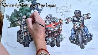 Bikers  Watercolor Painting Time Lapse [upl. by Ailalue]