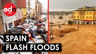 Terrifying Footage Shows Flash Floods in Spain Sweep Away Walls and Cars [upl. by Floyd392]