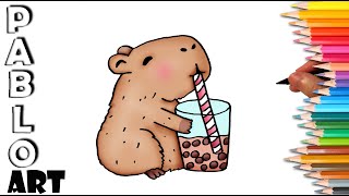 How to Draw Cute Capybara Loves Bubble Tea  Learn to Draw step by step [upl. by Gnilrad]