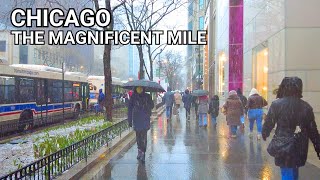 CHICAGO Walking Tour  Light Snow Fall amp Rain in The Magnificent Mile on FridayMarch 22 2024 4k [upl. by Aleil]