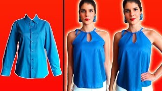 7 TRANSFORMAR CAMISA DE HOMBRE EN UNA BLUSA DE MUJER CON CUELLO HALTER Y ABERTURA  ByMariG [upl. by Ailene]