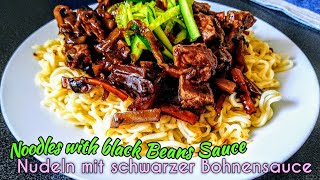 Noodles in Black Beans Sauce  Nudeln mit schwarzer Bohnensauce  Black Noodles Recipe [upl. by Ynaoj]