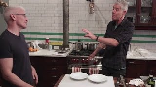 Bourdain and Anderson Cooper cook Sunday gravy Parts Unknown New Jersey [upl. by Abrahan]