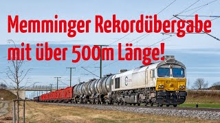 Längenrekord für Memminger Übergabe DBCargo 077 009 mit über 500m langem Zug [upl. by Homerus]