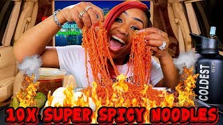 10X Spicy Noodle Challenge No Utensil shoutouts [upl. by Anillek]