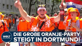 EM 2024 Niederlande gegen England Holländer feiern große OranjeParty mit Fanmarsch in Dortmund [upl. by Helali]