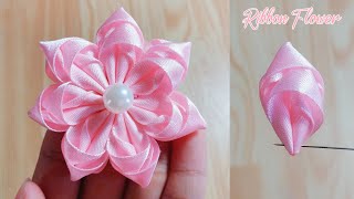 Kanzashi ribbon flower tutorialSatin ribbon craftRibbon flowers easyDiy flower making [upl. by Llennyl631]