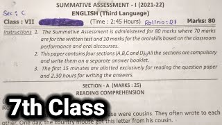 7th class  English  Summative Assessment  1  Question paper  SA  1Question paper English sa1 [upl. by Soisanahta]