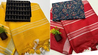 handloom cotton linen Saree With Printed Cotton Blouse  wholesale price [upl. by Burnside]