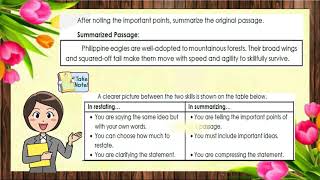 English 5 Q3 Week 3 Restating Sentences and Summarizing Information from Various Text Types [upl. by Bazil532]