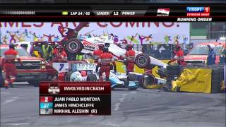 Verizon IndyCar 2014 Toronto Montoyas Car Jump on Mikhail Aleshin Head [upl. by Ahslek]