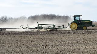 Spring Farming  John Deere 8400T 225hp  2210 Field Cultivator  Unverferth 220 Rolling Harrow [upl. by Stevenson]