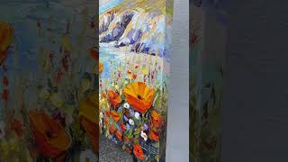 Contemporary California poppy impasto oil palette knife painting of the pacific and wildflowers [upl. by Yuille729]