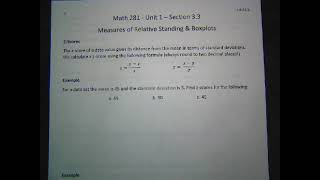 Math 281 Sec 33 Measures of Relative Standing amp Boxplots [upl. by Buchheim]