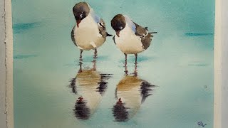 Watercolor Birds And Reflection Painting Tutorial [upl. by Pansie]