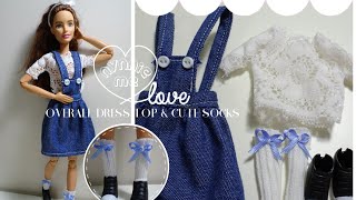 DIY How to make  Jean overall dress  white lace top and cute socks for dolls  nynnie me [upl. by Oakley]