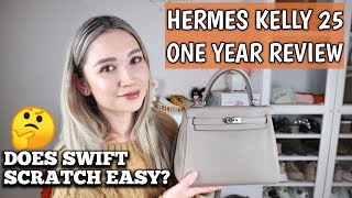 HERMES KELLY 25 ONE YEAR REVIEW  SWIFT LEATHER WEAR amp TEAR  HOW TO TIE TWILLY BOW [upl. by Farrah]