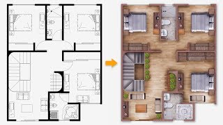 PART 01 Easy Plan Render  Single house plan render in Photoshop [upl. by Idnib]