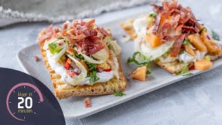 Bruschetta met geitenkaas meloensalsa amp Parmaham  Klaar in 20 minuten [upl. by Narahs]