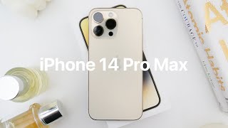 Unboxing iPhone 14 Pro Max Gold 2022 Aesthetic  Setup accessories camera test case tryon [upl. by Debby]