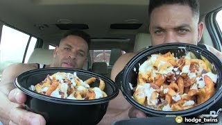 Eating Arbys Loaded Curly Fries  Food Review  hodgetwins [upl. by Rovaert]