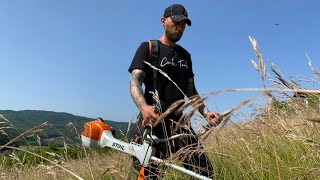 Mowing tall grass with Stihl Fs 460 CEM and durocut 404 trimmer headMotocoasa cu fir 4 mm [upl. by Ahsaya]