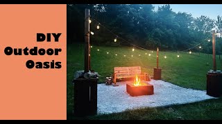 DIY Outdoor Oasis Building a Fire Pit amp Gravel Seating Area with String Lights [upl. by Marjy864]