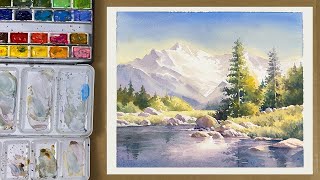 Watercolor Painting Mountain Scenery with Reflection [upl. by Juta]