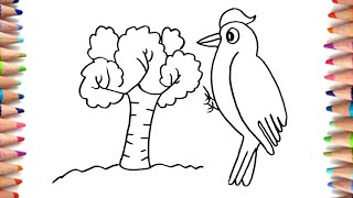 Lets To Draw A Birds And Tree Very Esy Way  Drawing Lessons for Kids  step by step toddler [upl. by Ahras]