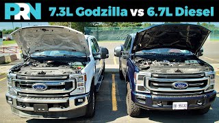 73L Godzilla Gas V8 vs 67L PowerStroke Diesel V8  Ford Super Duty Pickup Engines [upl. by Ameehsat]