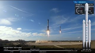 SpaceX Falcon Heavy Launch of Tesla with Starman final countdown to boosters landing 262018 [upl. by Ainnos]