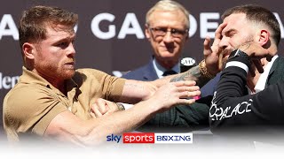 HEATED Canelo Alvarez amp Caleb Plant trade punches at prefight press conference 😡 [upl. by Nosna240]