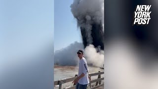 Jawdropping video shows Yellowstone geyser explode sending tourists fleeing in terror [upl. by Barber]