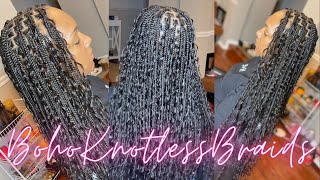 How To Boho Knotless Box Braids With Human Hair Curls  Hair Detals  How Many Pieces Added [upl. by Hadnama343]