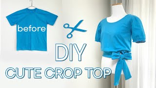 Refashion DIY Mens TShirt Into Cute Crop Top  DIY Puff Sleeve Tie Crop Top from TShirt✂ [upl. by Llertac]