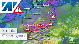 Orkanböen bis 166 kmh So tobt Orkan Ignatz über Deutschland Wann lässt der Sturm nach Animation [upl. by Anawahs411]