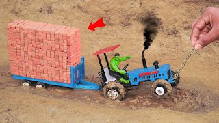 Diy mini tractor heavy trolley full bricks loaded stuck in mud science project sanocreator [upl. by Stronski]