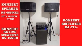 KONZERT SPEAKER KS655MK2 AND AMPLIFIER KA711  setup amp review w KS15SUB ACTIVE SUBWOOFER [upl. by Ahsinauq]