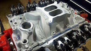 Engine Building Part 12  Installing an Edelbrock Performer Dual Plane Intake Manifold SBC 350 [upl. by Ecinaej981]