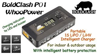 BOLDCLASH P01 WhooPower Portable 1S LiHVLiPO Intelligent Battery Charger 6 ports USB out Buzzer [upl. by Nemhauser]