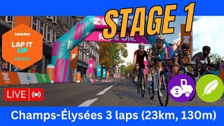 Zwift ZRacing  Stage 1 ChampsÉlysées 3 laps 23km 130m elevation Cat C [upl. by Eissolf73]