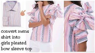 DiyConvert Mens Shirt into Girls pleated bow sleeve girls top hindi [upl. by Matthiew16]