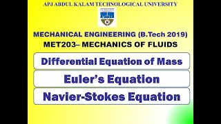 Differential Equation of Mass Eulers equation amp NavierStokes Equation  MOF  Module 3  Part 2 [upl. by Ennis386]