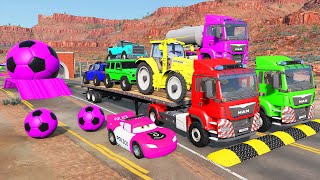 Double Flatbed Trailer Truck vs Speedbumps Train vs Cars  Tractor vs Train BeamngDrive 06 [upl. by Chapman]