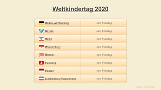 Weltkindertag 2020  Datum  Feiertage Deutschland 2020 [upl. by Melliw834]