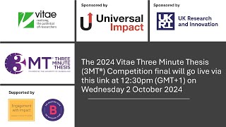 Vitae Three Minute Thesis 3MT® Competition final 2024 sponsored by Universal Impact [upl. by Ahsitak525]