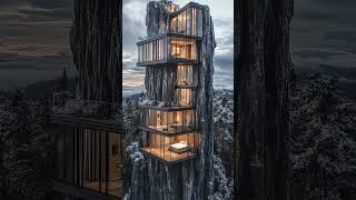 Modern Architecture Merged in a Rock in a Snowy Forest ❄️  Dream Winter House Tourmoderndesign [upl. by Nauq]